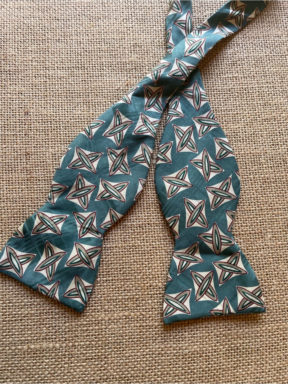 Polo by Ralph Lauren Vintage Silk Bow Tie USA Green with Geometric Cream Pattern